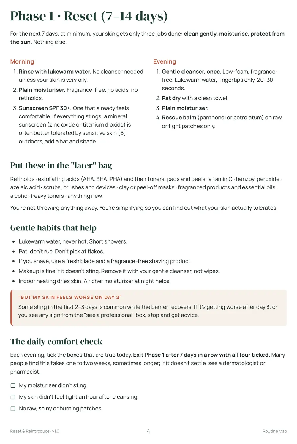 Phase 1 of Reset & Reintroduce: the morning and evening routine for 7 to 14 days.