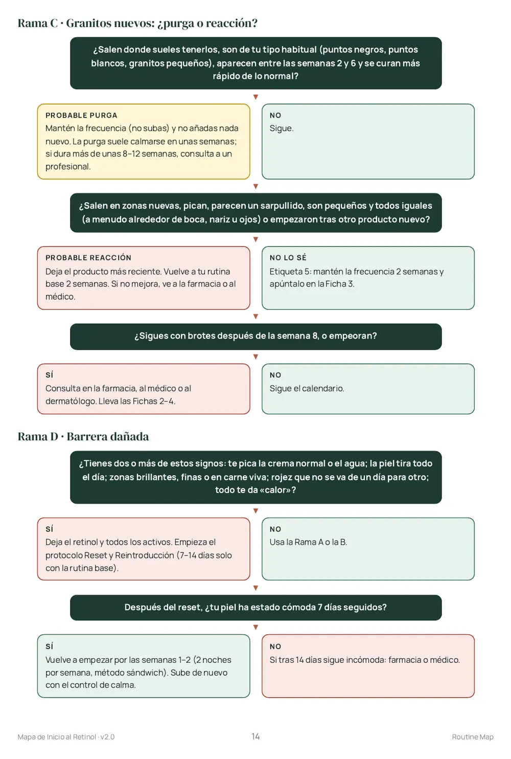 El diagrama de purga o reacción del Mapa de Inicio al Retinol. Los granitos de siempre pueden ser purga; un sarpullido en un sitio nuevo significa parar.