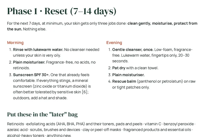 A short scroll through three pages of Reset & Reintroduce: the reset routine, the 14-day log, and the reintroduction plan.
