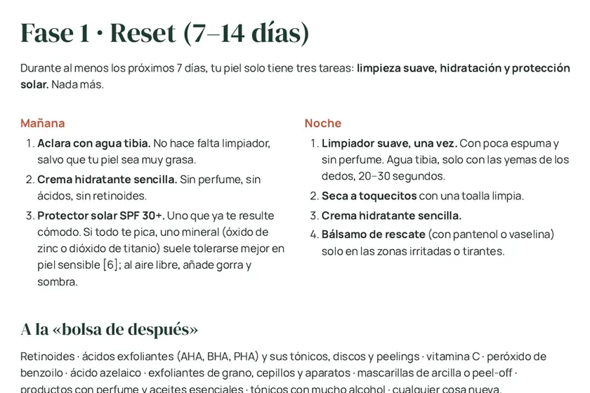 Un recorrido corto por tres páginas de Reset y Reintroducción: la rutina de reset, el registro de 14 días y el plan de reintroducción.